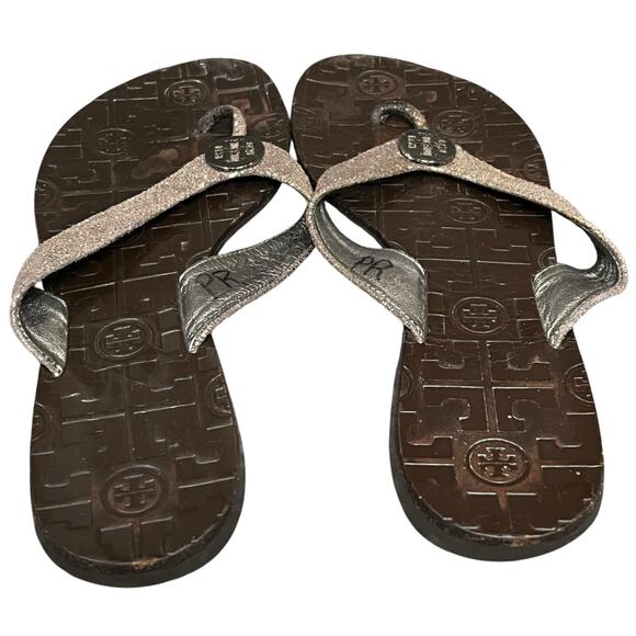 Tory Burch Thora Thong Sandal 9 Brown Glitter Leather Flip Flops Logo Medallion - Picture 10 of 16